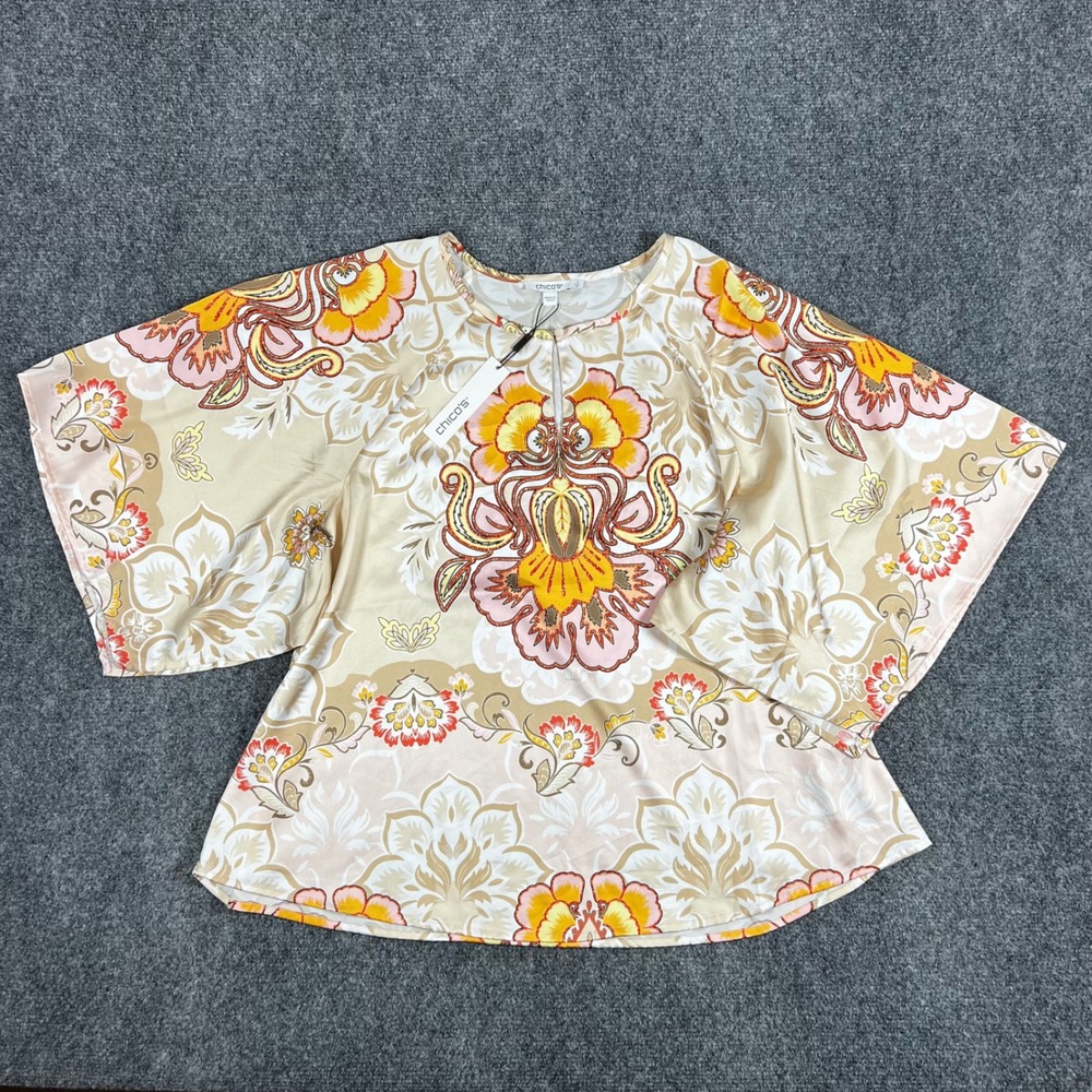 Chico's Floral Flair Handkerchief Sleeve Blouse Porcelain Rose Size 2 US 12 NEW